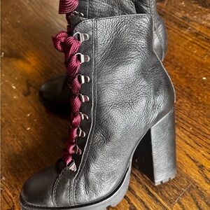 SCHUTZ Black and Red Lace Up Boots with Block Heel